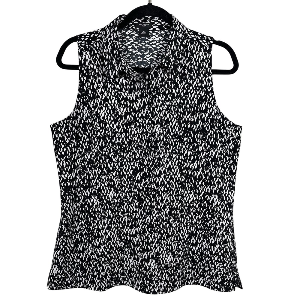 Ann Taylor Black White Abstract Sleeveless Top Blouse Office MP Button Front
